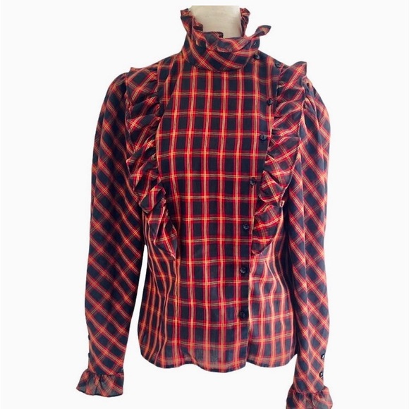 Vintage 80’s Red Plaid Ruffled Blouse - Picture 2 of 10